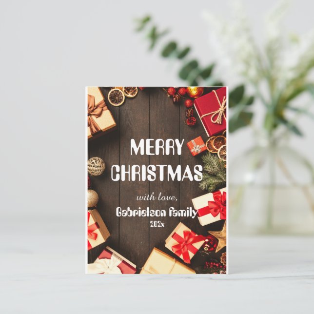 wood elegant family christmast customise  holiday postcard (Standing Front)