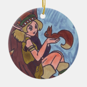 Wood Elf With Squirrel Ceramic Tree Decoration