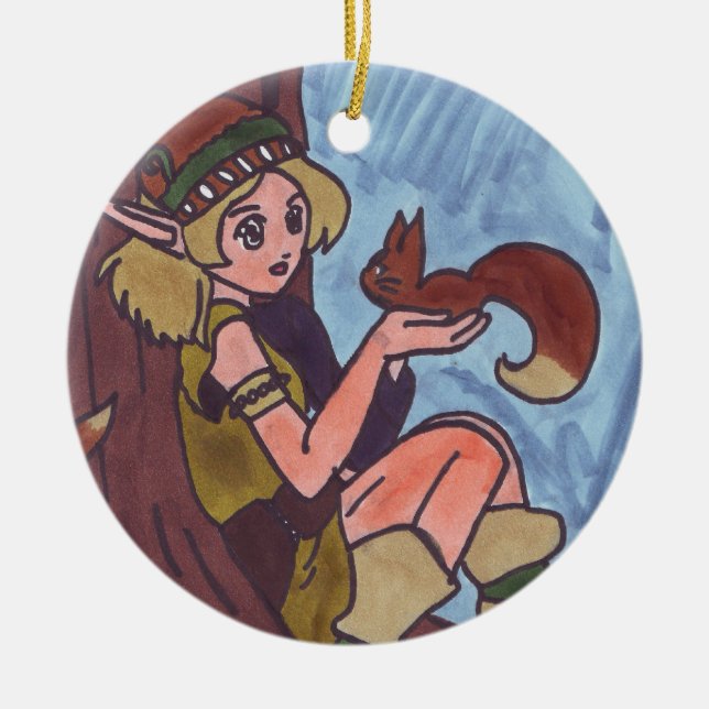 Wood Elf With Squirrel Ceramic Tree Decoration (Front)