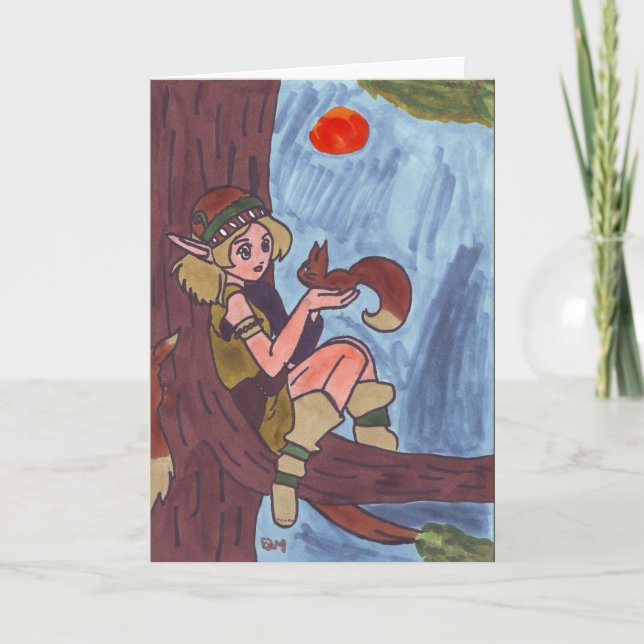 Wood Elf With Squirrel Holiday Card (Front)