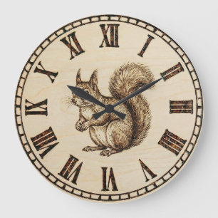 Wood Engraved Squirrel Wall Clock
