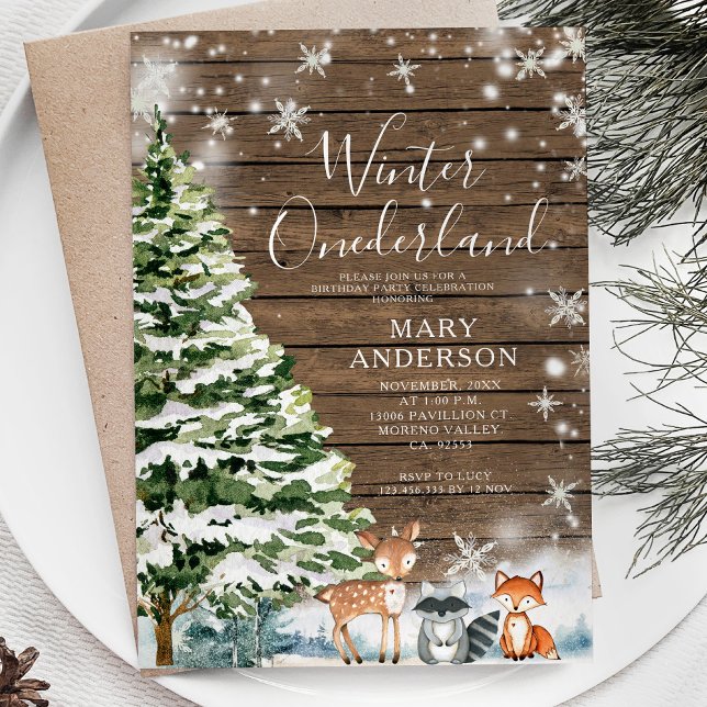 Wood Evergreen Winter Onederland 1st Birthday Invitation (Creator Uploaded)