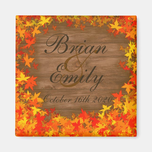 Wood fall autumn leaves custom wedding magnets (Front)