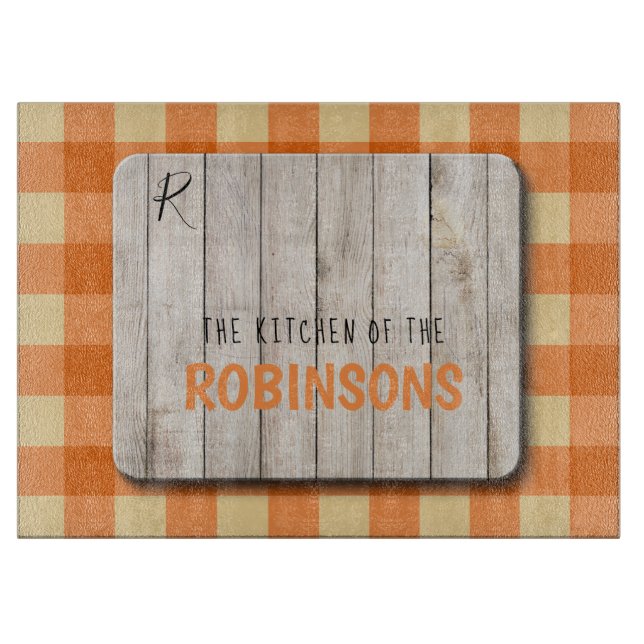 Wood family monogram name orange gingham cutting board (Front)
