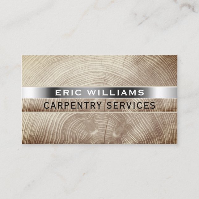 Wood faux texture silver stripe  business card (Front)