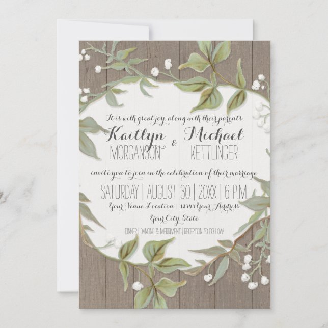 Wood Fence Laurel Leaf Foliage w Flowers Wreath Invitation (Front)