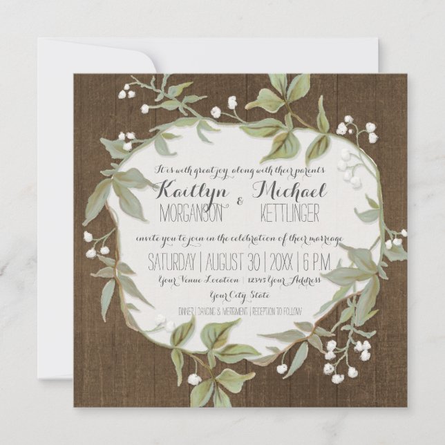 Wood Fence Laurel Leaf Wreath w Babys Breath Art Invitation (Front)