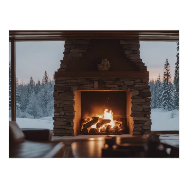 Wood fire in a fireplace. poster (Front)