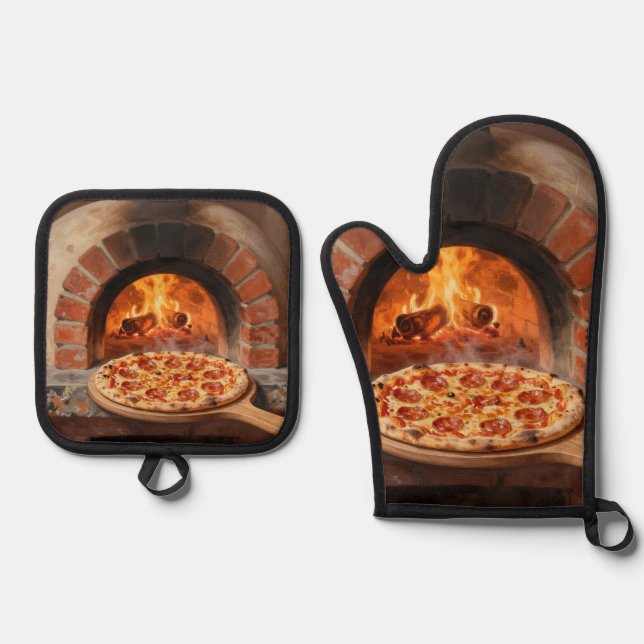 Wood-Fired Pepperoni Pizza Rustic Italian  Oven Mitt & Pot Holder Set (Front)