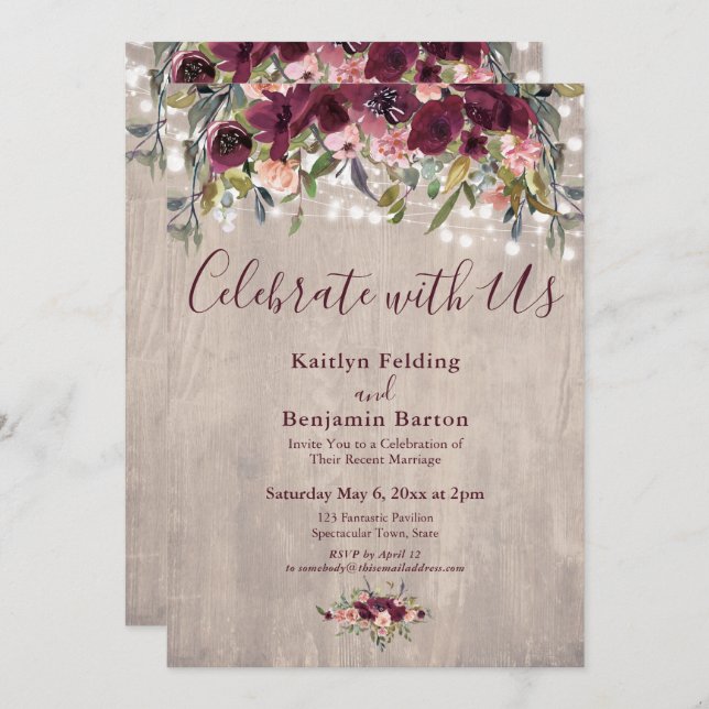 Wood Floral Lights Celebrate with Us Reception Invitation (Front/Back)