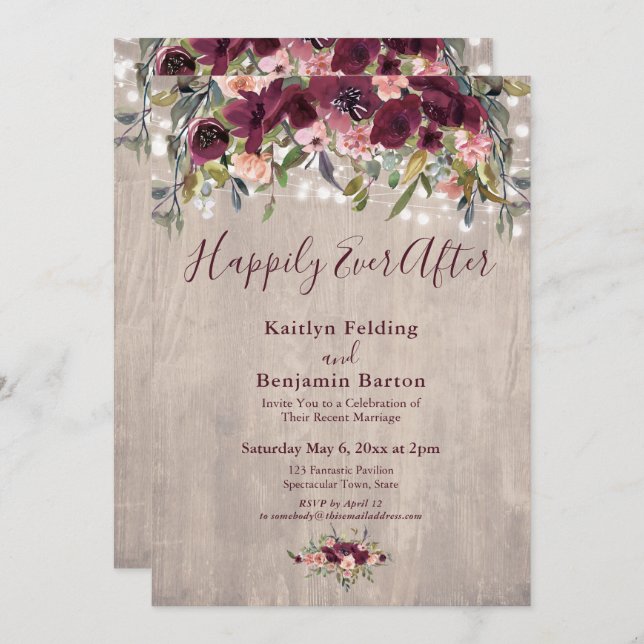 Wood Floral Lights Happily Ever After Reception Invitation (Front/Back)