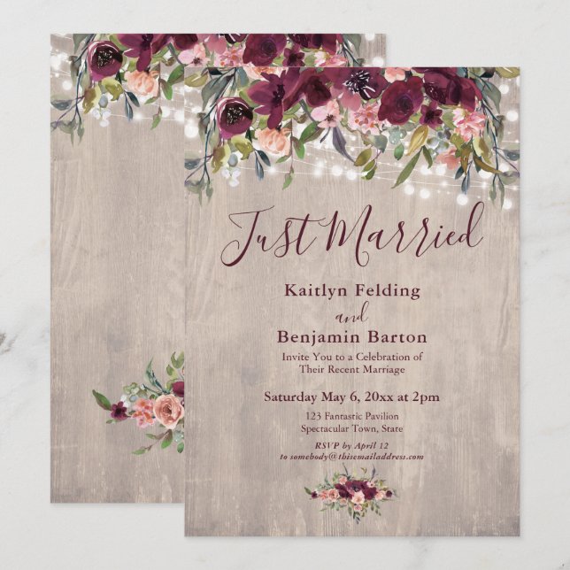 Wood Floral Lights Just Married Reception Only Invitation (Front/Back)