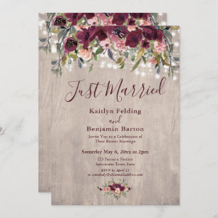Wood Floral Lights Just Married Reception Only Invitation