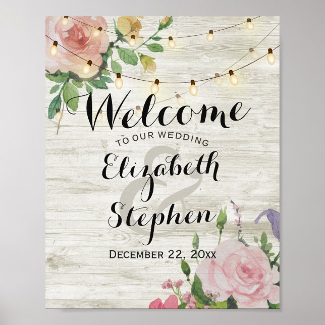 Wood Floral Lights Wedding Welcome Reception Sign (Front)