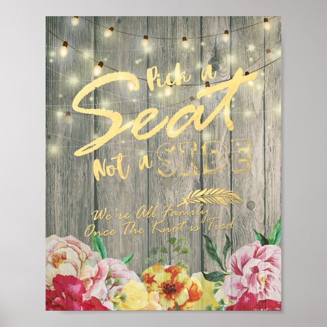 Wood Floral Pick A Seat Not A Side Wedding Sign (Front)