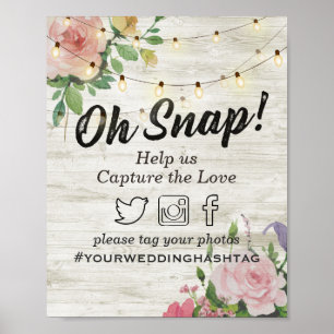 Wood Floral String Light Snap Hashtag Wedding Sign
