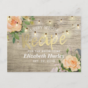 Wood Floral String Lights Bridal Shower Recipe Invitation Postcard