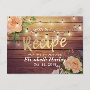 Wood Floral String Lights Bridal Shower Recipe Invitation Postcard