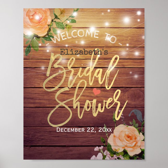 Wood Floral String Lights Bridal Shower Welcome Poster (Front)