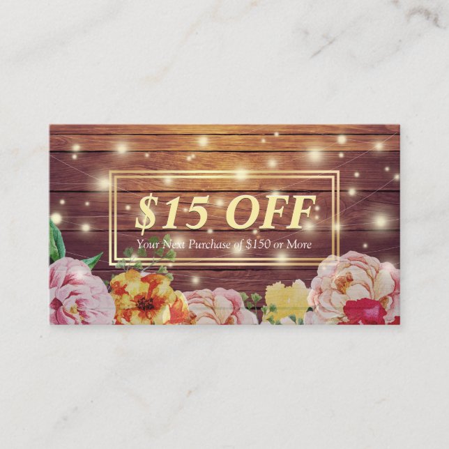 Wood Floral String Lights Salon Discount Coupon (Front)