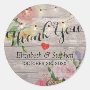 Wood Floral String Lights Wedding Favour Thank You Classic Round Sticker
