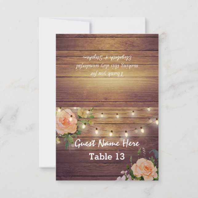 Wood Floral String Lights Wedding Place Table No Invitation (Front)