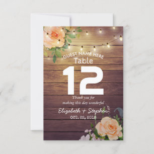 Wood Floral String Lights Wedding Place Table No. Invitation