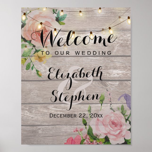 Wood Floral String Lights Wedding Reception Sign (Front)