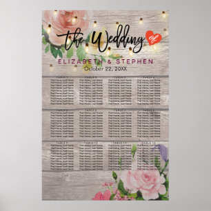 Wood Floral String Lights Wedding Seating Chart