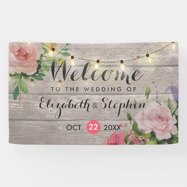 Wood Floral String Lights Wedding Welcome Banner (Horizontal)