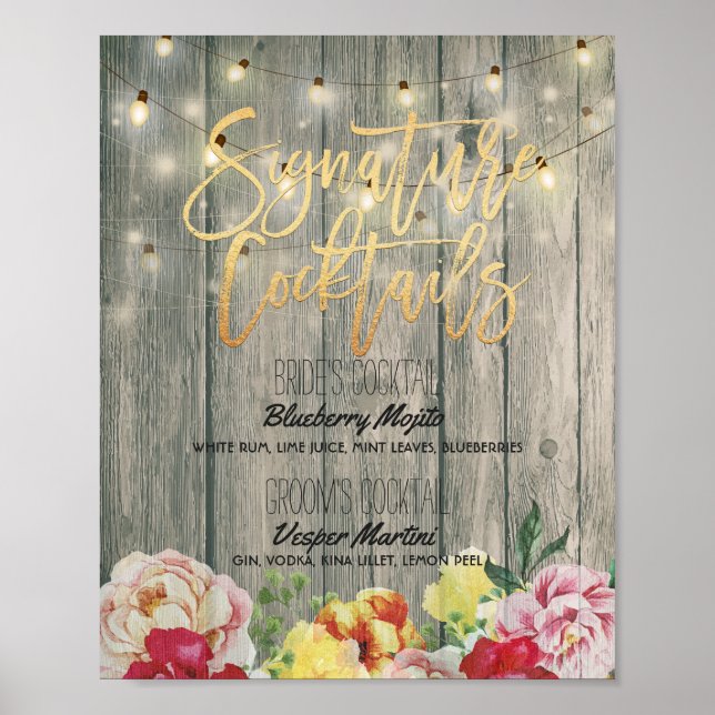 Wood Floral Wedding Signature Cocktail Drink Menu Poster (Front)