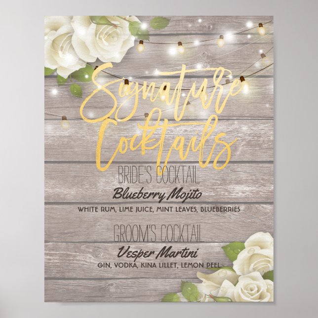 Wood Floral Wedding Signature Cocktail Drink Menu Poster (Front)