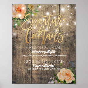 Wood Floral Wedding Signature Cocktail Drink Menu Poster
