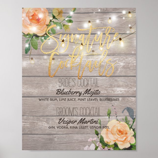 Wood Floral Wedding Signature Cocktail Drink Menu Poster (Front)
