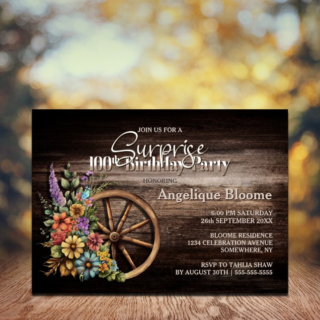 Wood Floral Western Surprise 100th Birthday Invitation (Creator Uploaded)