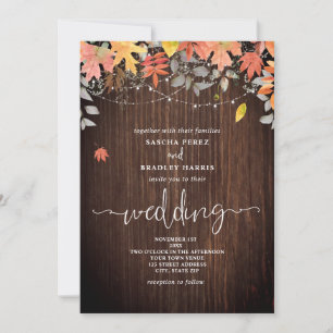 Wood Foliage Leaves String Lights Fall Wedding Invitation