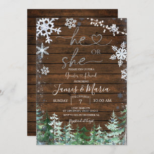 Wood Forest Gender Reveal He or She Snowflake Invitation