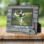 Wood Frame Fishing Photo Memory With Text<br><div class="desc">Special memory photo gift for dad or grandpa with a fishing theme. Personalise this rustic wood look, standing framed with two lines of text beneath a family photograph. Distressed grey-brown wood is the background for light blue text with fishing rod image. Include wording such as, "Fishing with Dad" or whatever...</div>