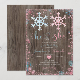Wood Gender Reveal He or She Winter Snowflakes  Invitation