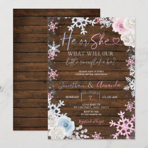 Wood Gender Reveal Pink and Blue Snowflakes  Invitation