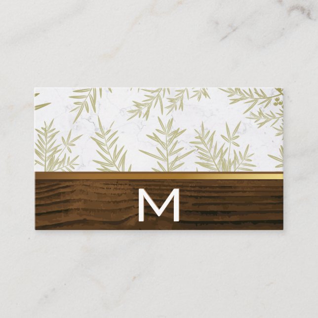 Wood Gold Trim Juniper Leaf Pattern Business Card (Front)