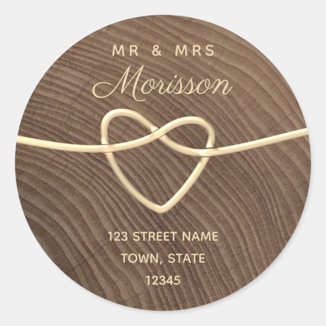 Wood Gold Wedding Return Address Classic Round Sticker (Front)