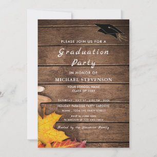 Wood Graduation Invitation Card with Autumn Leaves