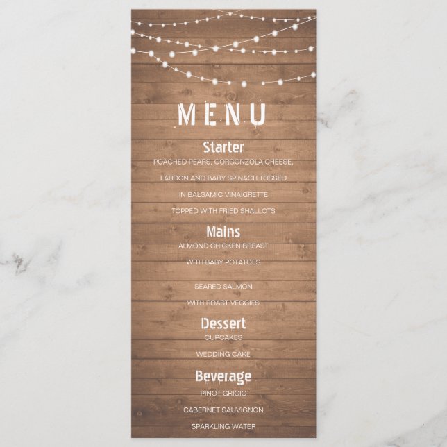 Wood grain and string lights rustic menu (Front)