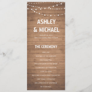 Wood Grain and string lights Wedding Program Programme