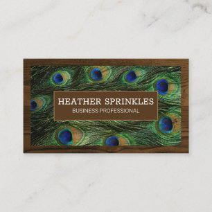Wood Grain Border   Peacock Feathers Business Card
