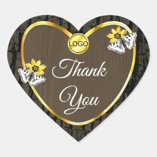 Wood Grain Dark Brown Gold and Logo Cute Thank You Heart Sticker