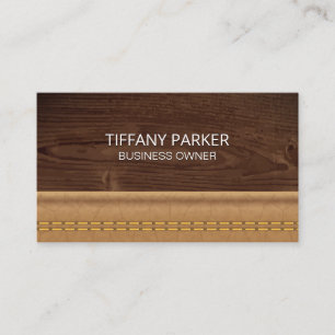 Wood Grain   Double Stitched Tan Leather Business Card