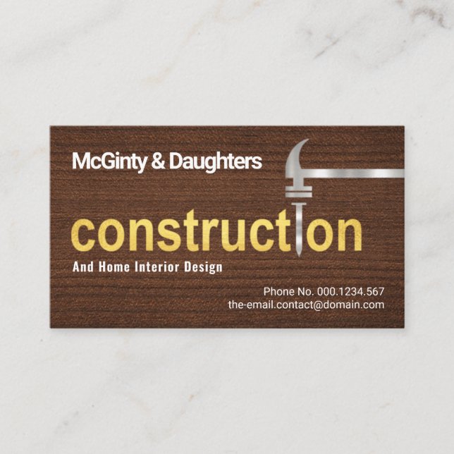 Wood Grain Gold Construction Silver Hammer Nail Business Card (Front)