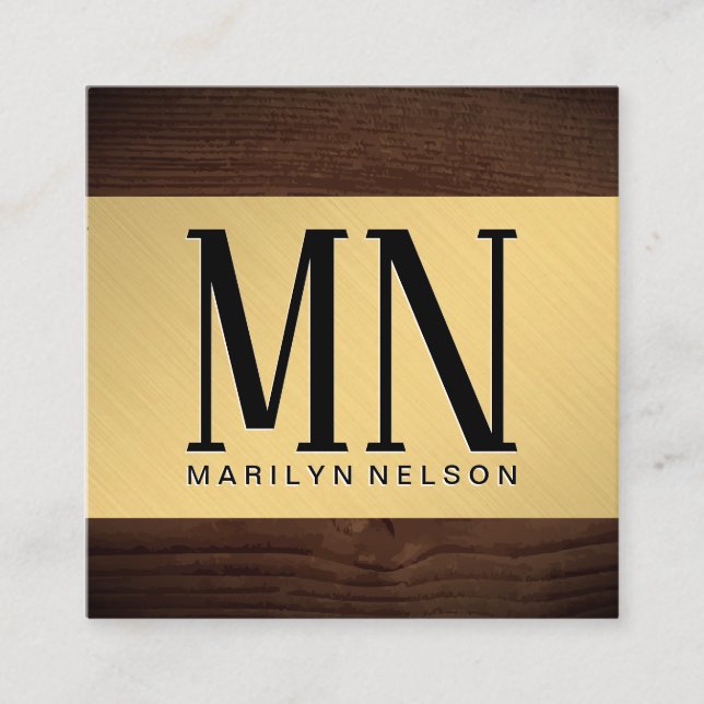 Wood Grain Metallic | Monogram Square Business Card (Front)
